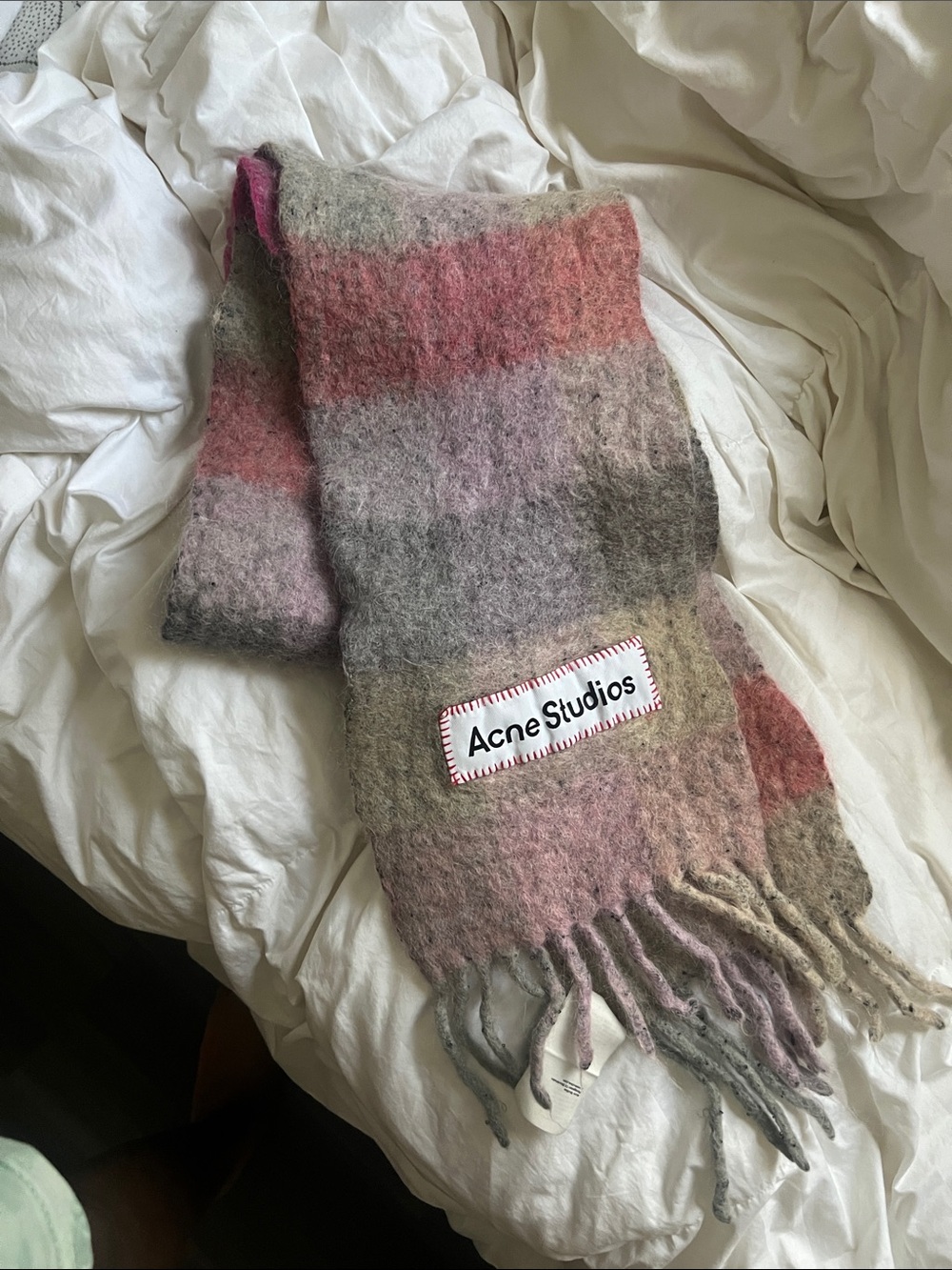 Acne multicolor striped mohair scarf in pink and gray tones
